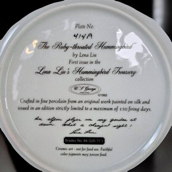 The Ruby-Throated Hummingbird, by Lena Liu-W. L. George Collector Plate - Picture 4 of 10